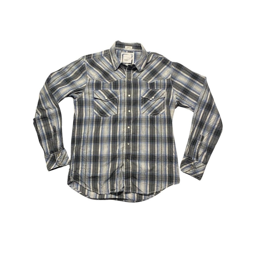 BKE Long Sleeve Pearl Snap Athletic Slim Fit Plaid Shirt Men's Medium Blue Gray